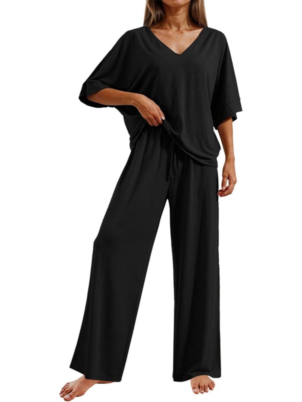 Women's Black Casual V Neck Short Sleeve Sleepwear 2 Piece Pajama Sets